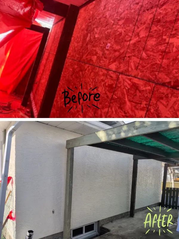 Before (top) and after (below) images showing new IMASCO matching stucco system to right house elevation post insurance approved claim at 116 Lynnbrook Pl SE, Calgary AB