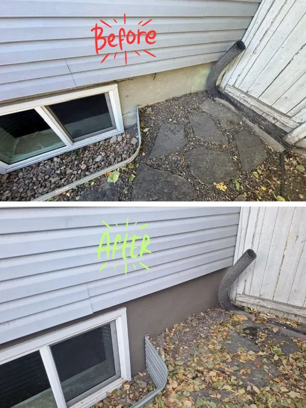 Before and after photo of damaged foundation parging near a downspout corner restored with fresh smooth finish parging in Calgary AB