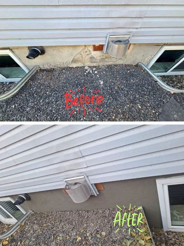 Before and after photo of crumbling parging around basement windows and dryer vent repaired with new smooth finish parging in Calgary AB