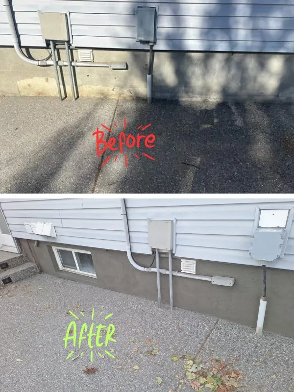 Before and after photo of cracked and spalling foundation parging repaired with new smooth finish parging in Calgary AB