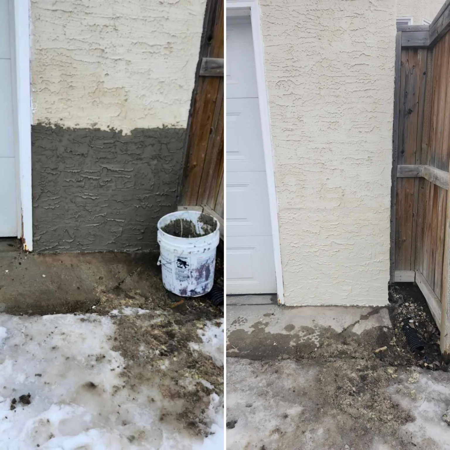 Before and after stucco repair on the side of a Calgary garage