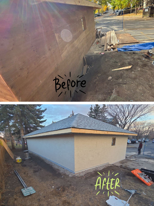 before after image showing new stucco installation new construction calgary ab