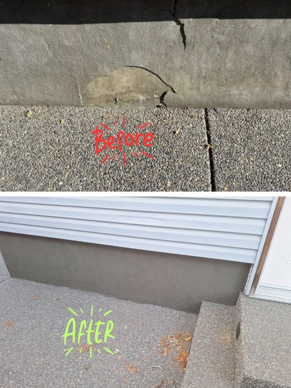 Before and after photo of cracked and spalling foundation parging repaired with new smooth finish parging in Calgary AB