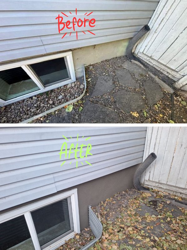 Before and after photo of damaged foundation parging near a downspout corner restored with fresh smooth finish parging in Calgary AB