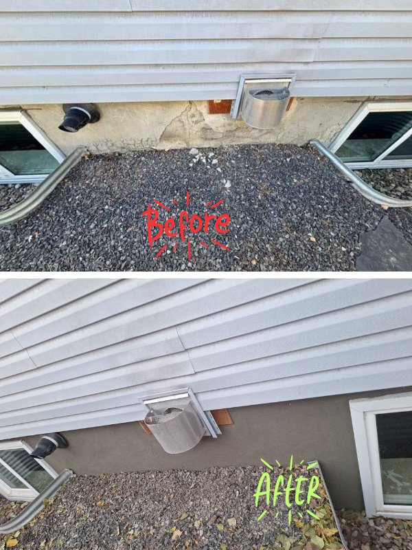 Before and after photo of crumbling parging around basement windows and dryer vent repaired with new smooth finish parging in Calgary AB