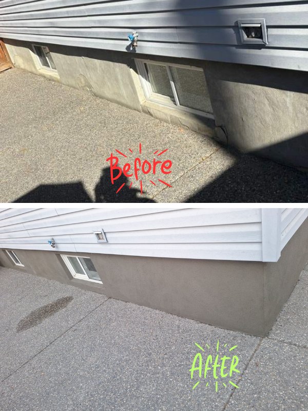 Before and after photo of deteriorated foundation parging replaced with smooth finish parging on a residential home in Calgary AB