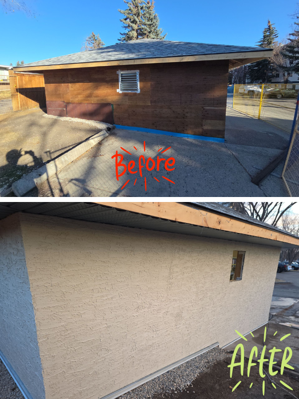 Before image (top) and after image(bottom) of new imasco stucco system application to newly built garage(the previous caught fire) at 20 Dover Point SE Calgary AB