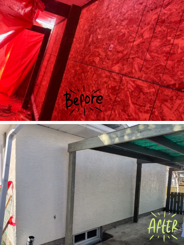 Before(top) and after(below) images showing new IMASCO matching stucco system to right house elevation post insurance approved claim at 116 Lynnbrook Pl SE, Calgary AB